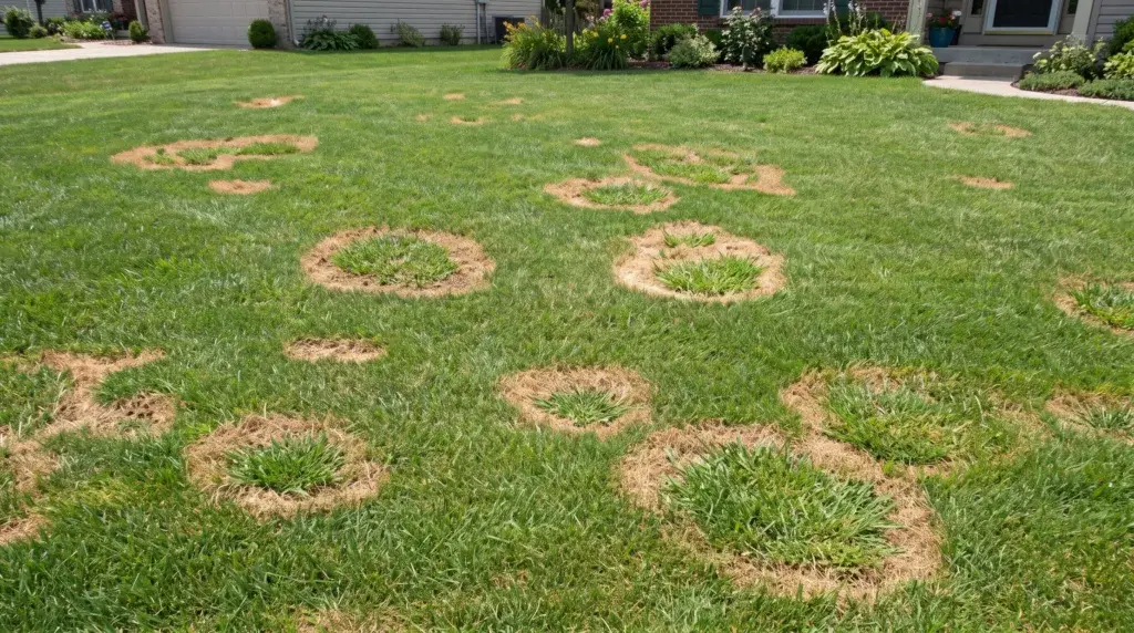 Necrotic ring spot in Utah Kentucky bluegrass lawn - brown ring with green center