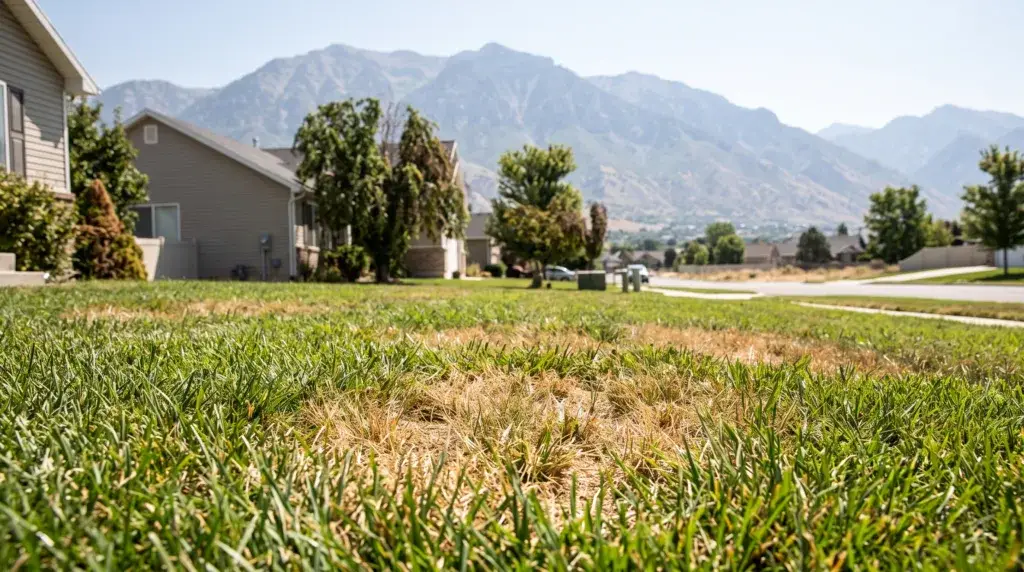 Brown patches in an Orem Utah lawn during July heat