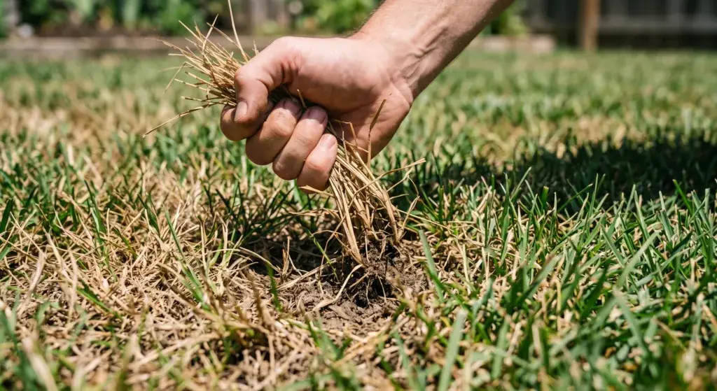 Tug test on brown grass to check for billbug damage in a Utah lawn
